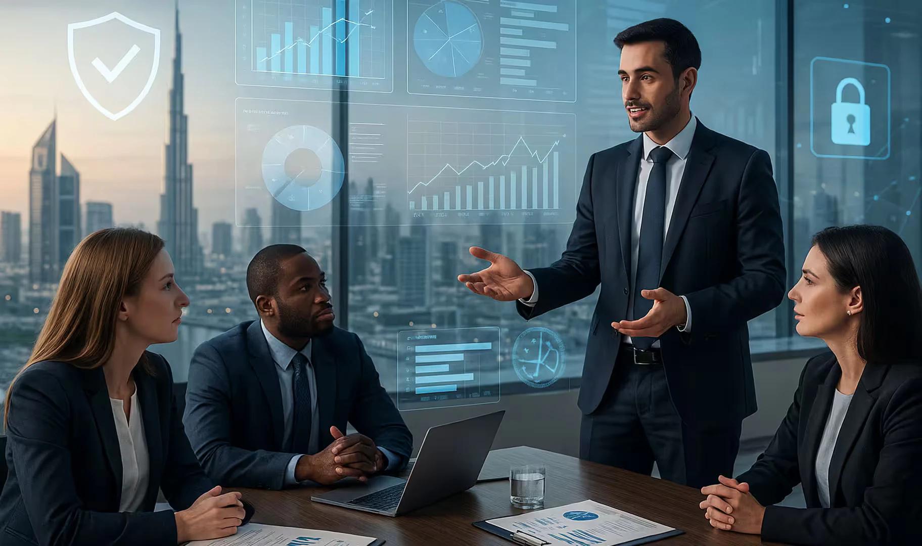 Risk assessment services in Dubai: advisers presenting a risk and controls review to management