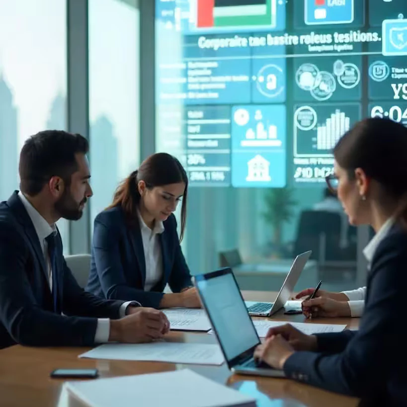Tax audit services in the UAE: tax auditors reviewing corporate tax figures with a client team