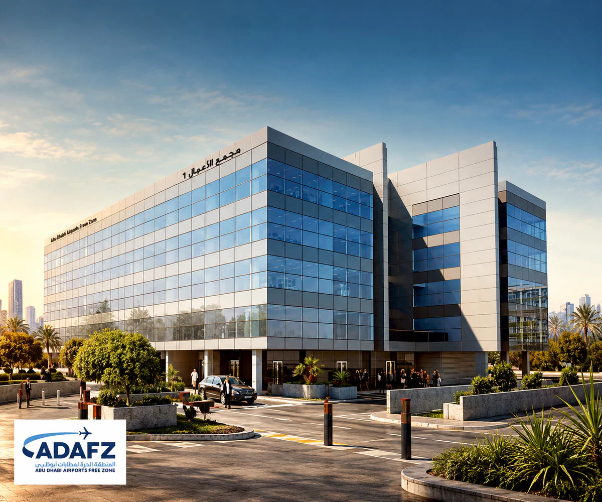 Abu Dhabi Airports Free Zone (ADAFZ): Business Complex office building with the ADAFZ logo