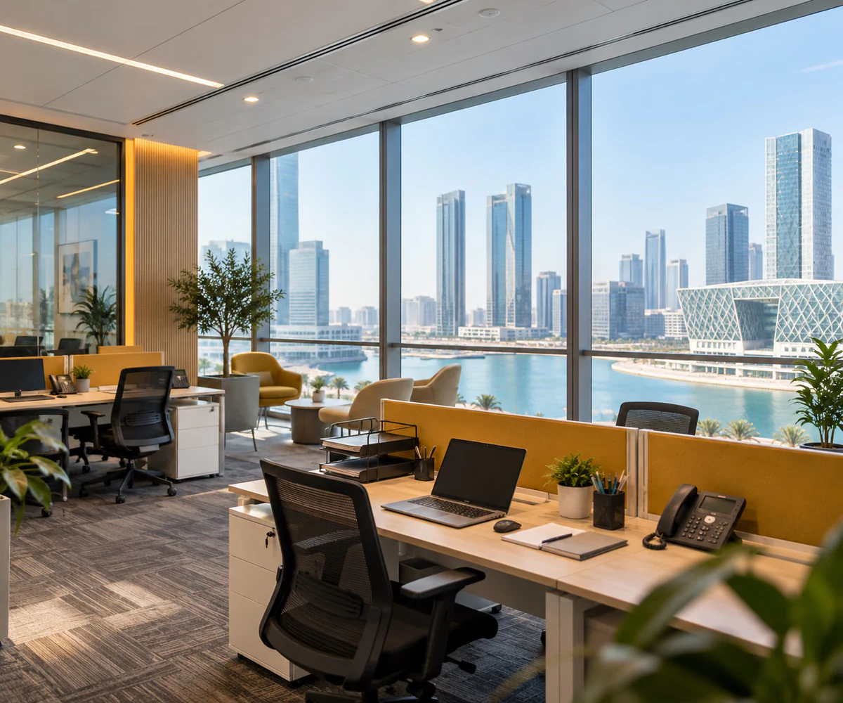ADGM approved auditors: open-plan office overlooking the Al Maryah Island waterfront, home of Abu Dhabi Global Market (ADGM)