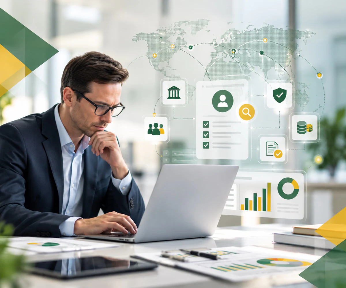 AML compliance services in the UAE: compliance officer reviewing customer due diligence and sanctions screening results
