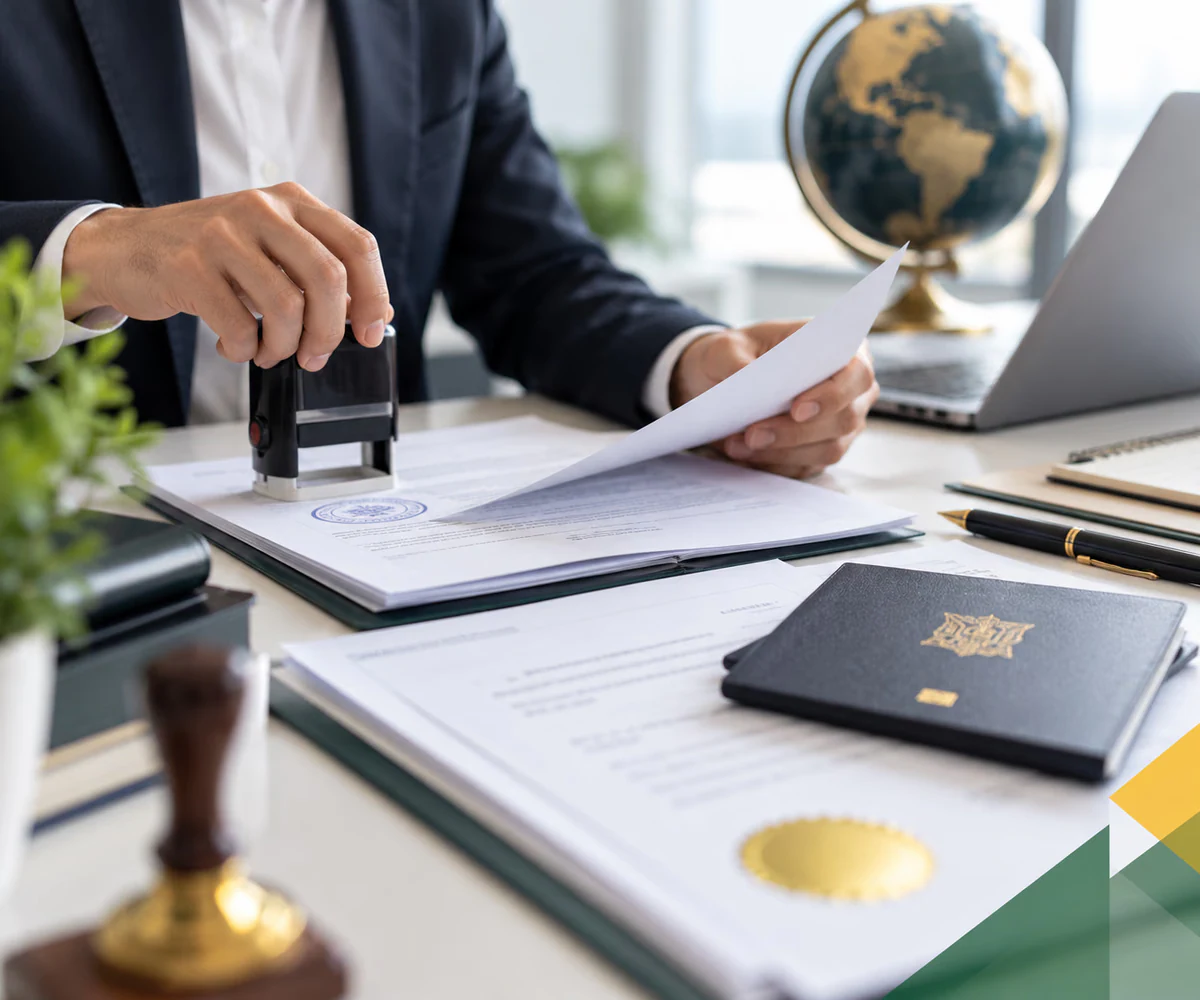 Document attestation in the UAE: certificates being stamped and attested with a passport on the desk