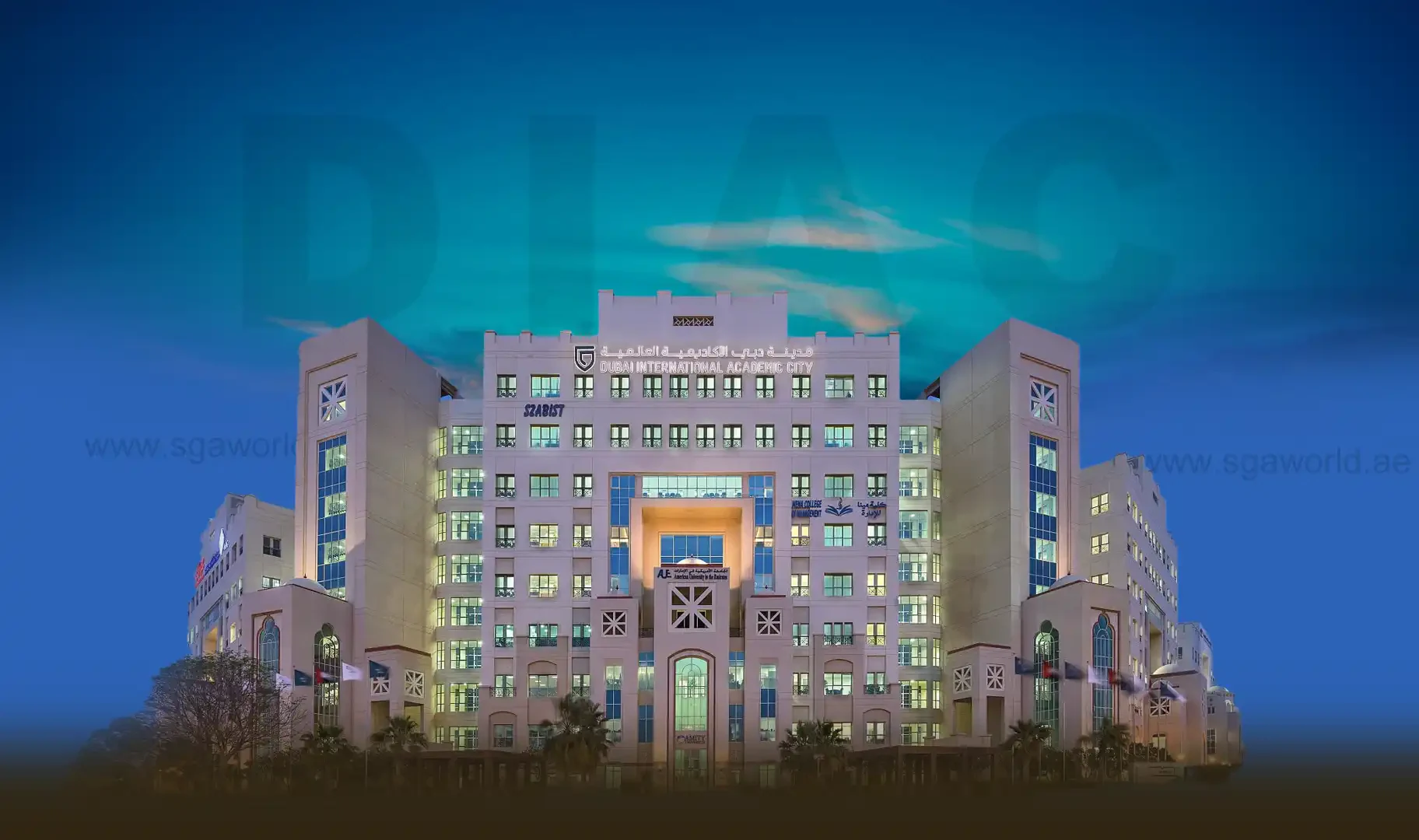 DIAC audit services: university building in Dubai International Academic City at dusk