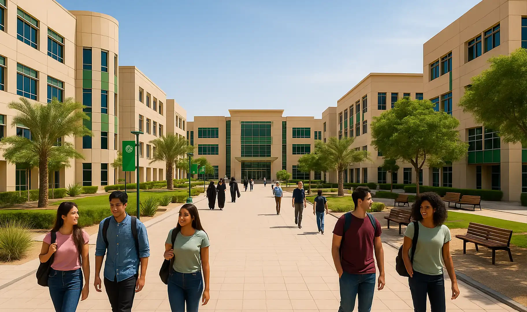 Students walking through a university campus in Dubai International Academic City (DIAC)