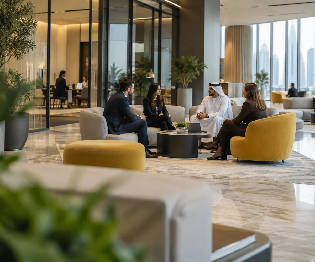 Advisers meeting a client in a Dubai International Financial Centre (DIFC) office