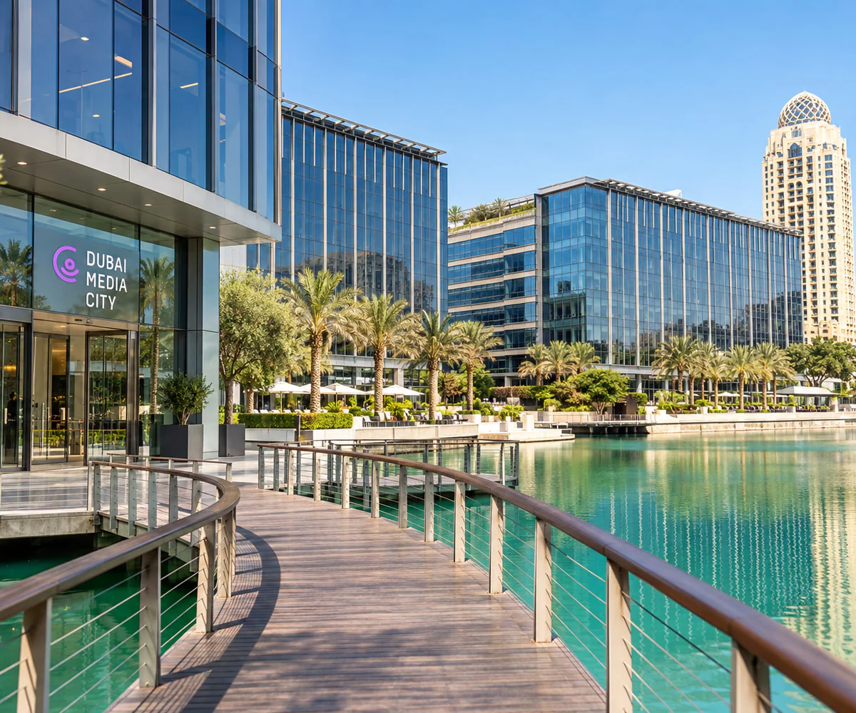 Dubai Media City (DMC), Dubai: waterfront boardwalk and glass office buildings with the Dubai Media City entrance