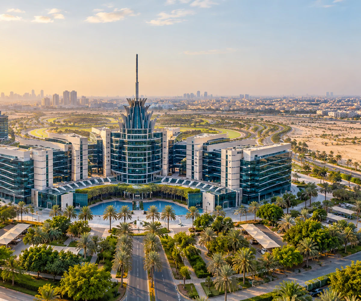 Aerial view of the Dubai Silicon Oasis (DSO) headquarters and technology park in Dubai