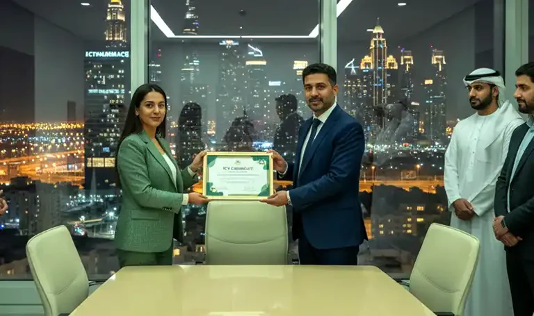 Dubai ICV certificate being presented to a company in a Dubai office