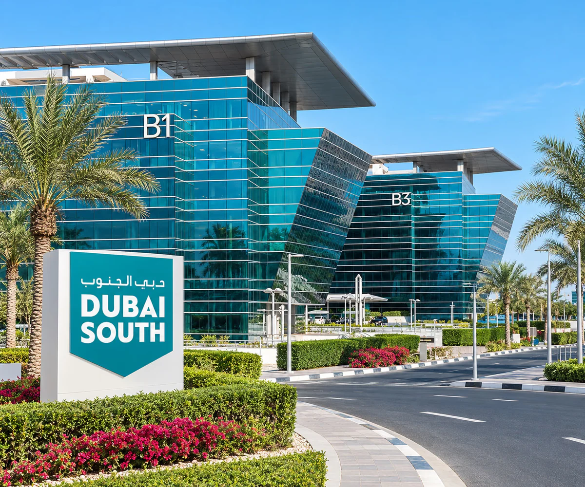 Dubai South free zone, Dubai: entrance sign and angled glass office buildings in the Dubai South business district