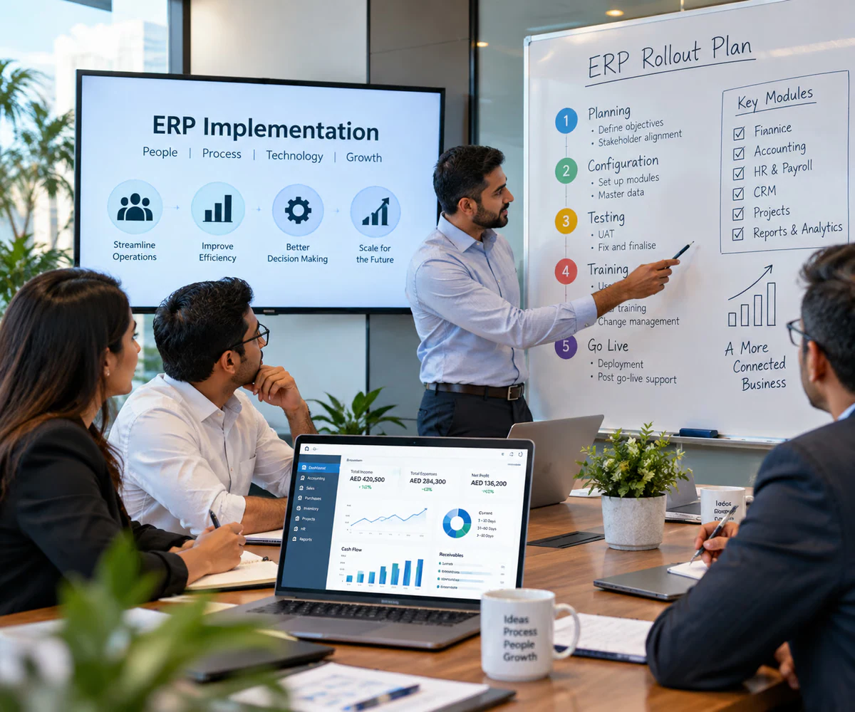 ERP advisory in the UAE: finance team reviewing an ERP rollout plan and implementation stages