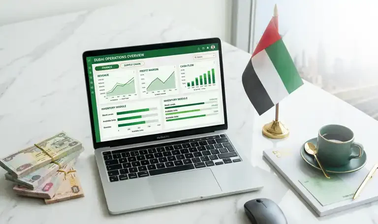 ERPNext dashboard on a laptop with a UAE flag on the desk