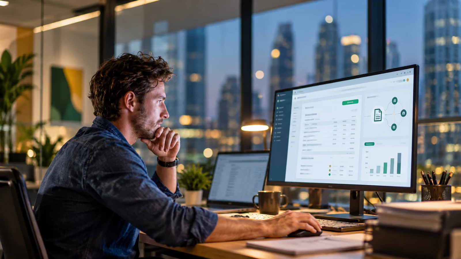 Accountant in a Dubai office reviewing an ERP sales invoice and e-invoice network on screen for UAE e-invoicing