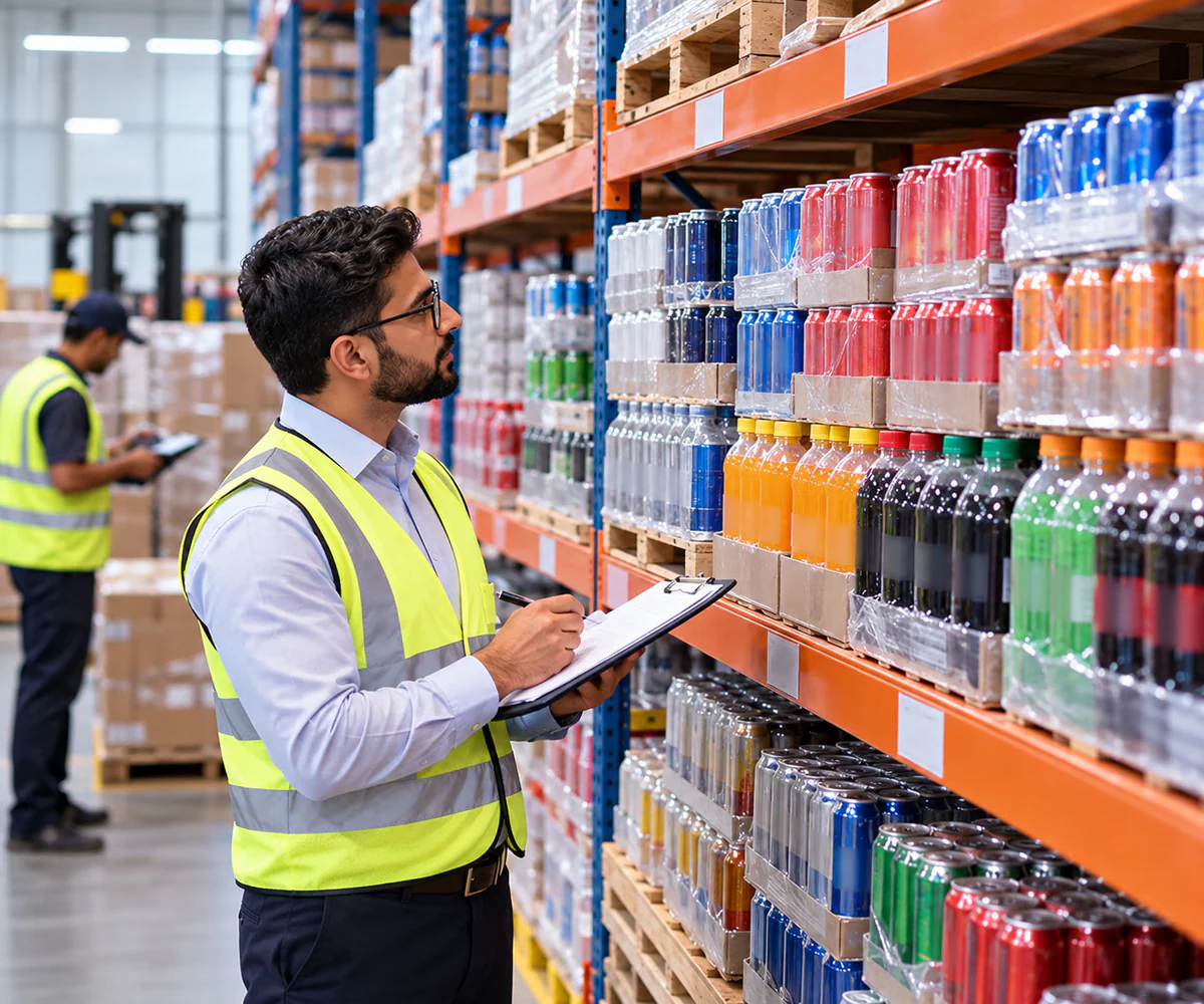 Excise tax services in the UAE: tax adviser checking soft drinks and energy drinks stock in a warehouse