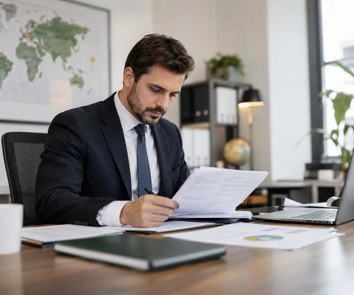 FATCA and CRS compliance in the UAE: finance officer reviewing account forms and tax residency details