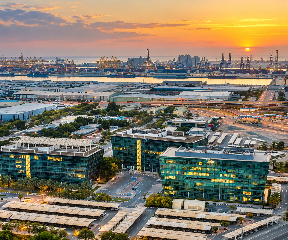 Free zone company audit and accounting in the UAE: aerial view of a free zone business park and port at sunset