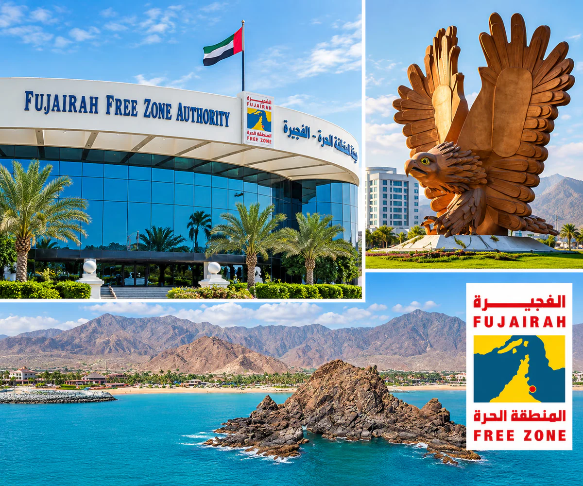 Fujairah Free Zone (FFZ): the Fujairah Free Zone Authority building, the Fujairah coastline and the Hajar mountains