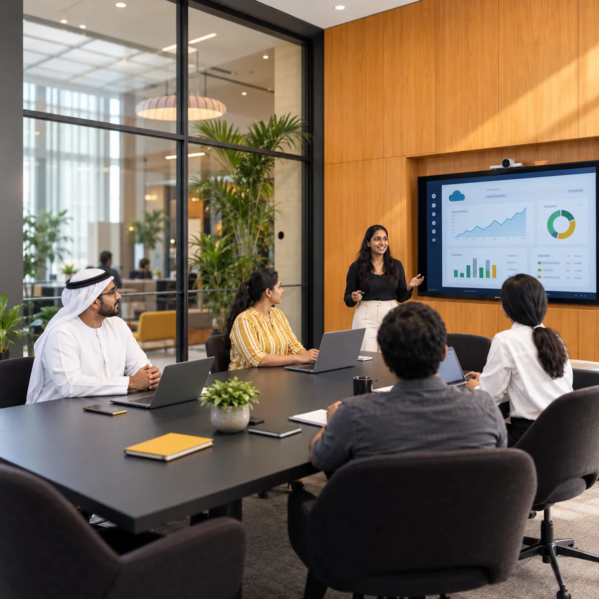 SGA World accountant presenting cloud accounting reports to a client team in a Dubai office