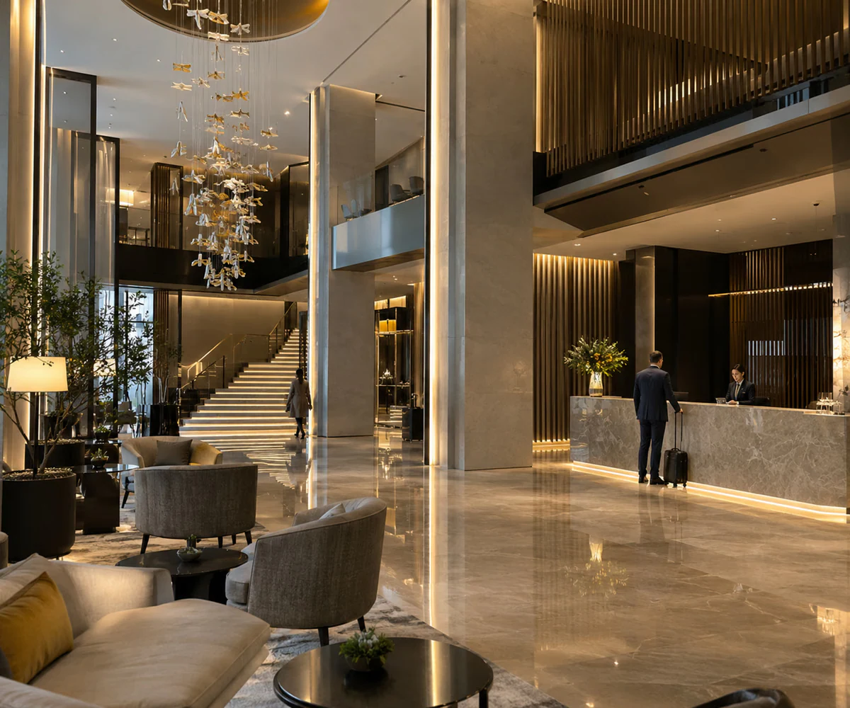 Hospitality accounting in the UAE: hotel lobby with reception desk and lounge seating