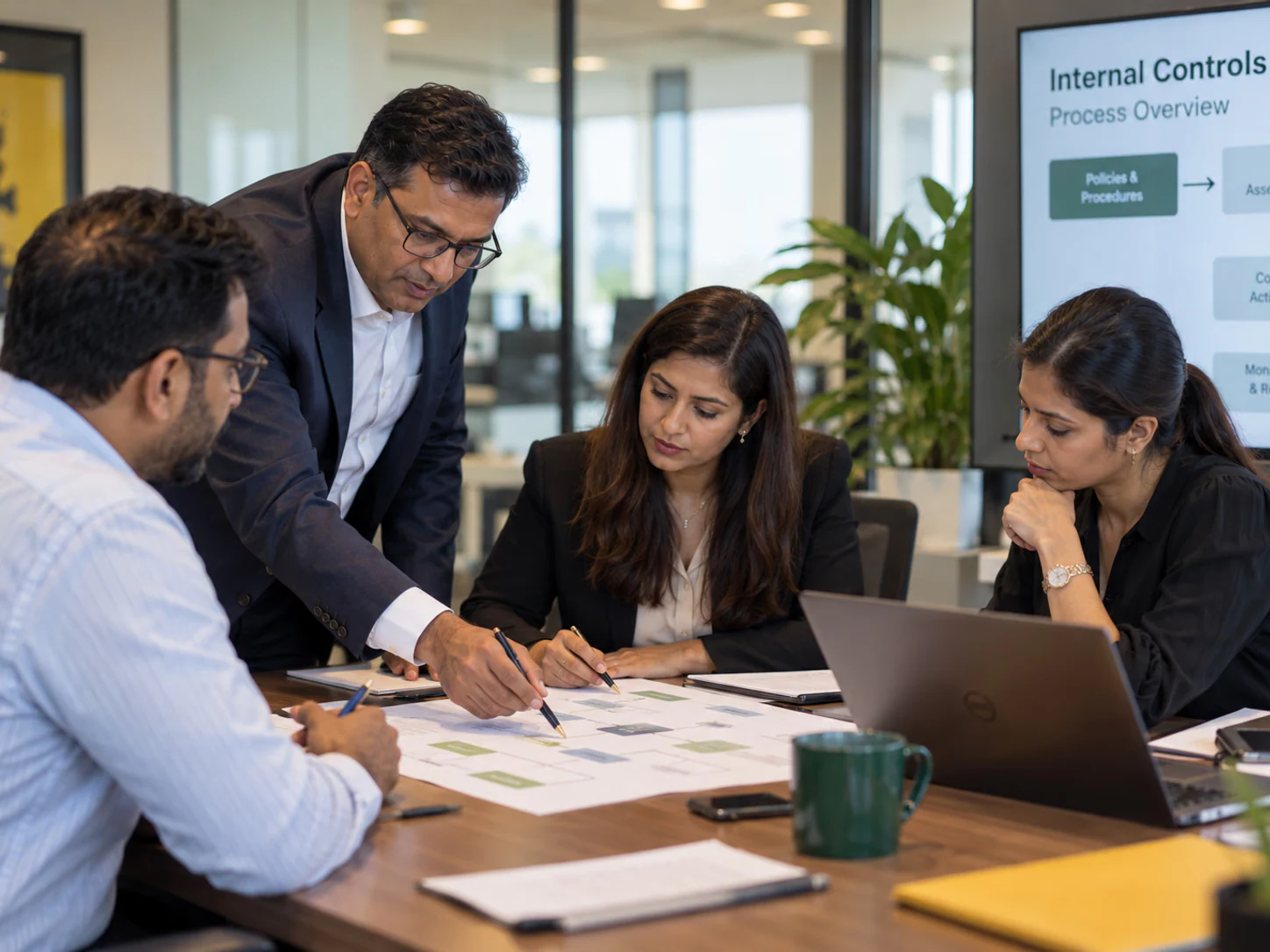 Internal audit services in Dubai and Abu Dhabi: internal auditors reviewing a process and controls map with management