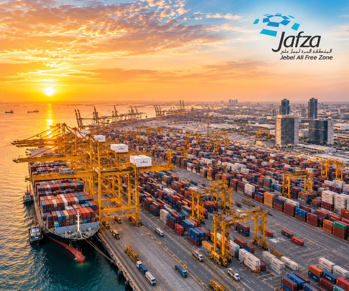 Jebel Ali Free Zone (JAFZA), Dubai: Jebel Ali Port container terminal and cranes at sunset with the JAFZA logo