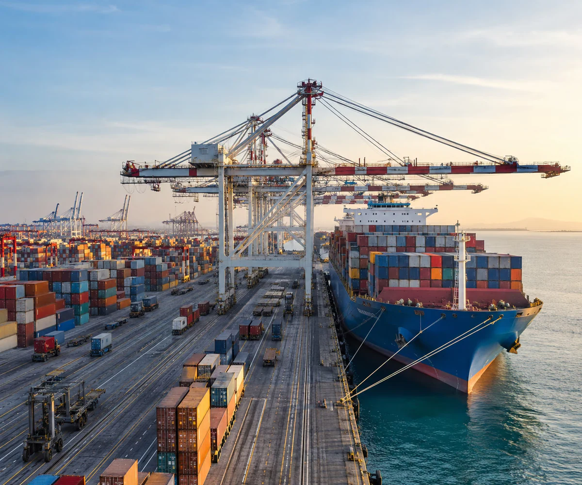 Khalifa Port Free Trade Zone, Abu Dhabi: container ship at the quay with ship-to-shore cranes and container stacks