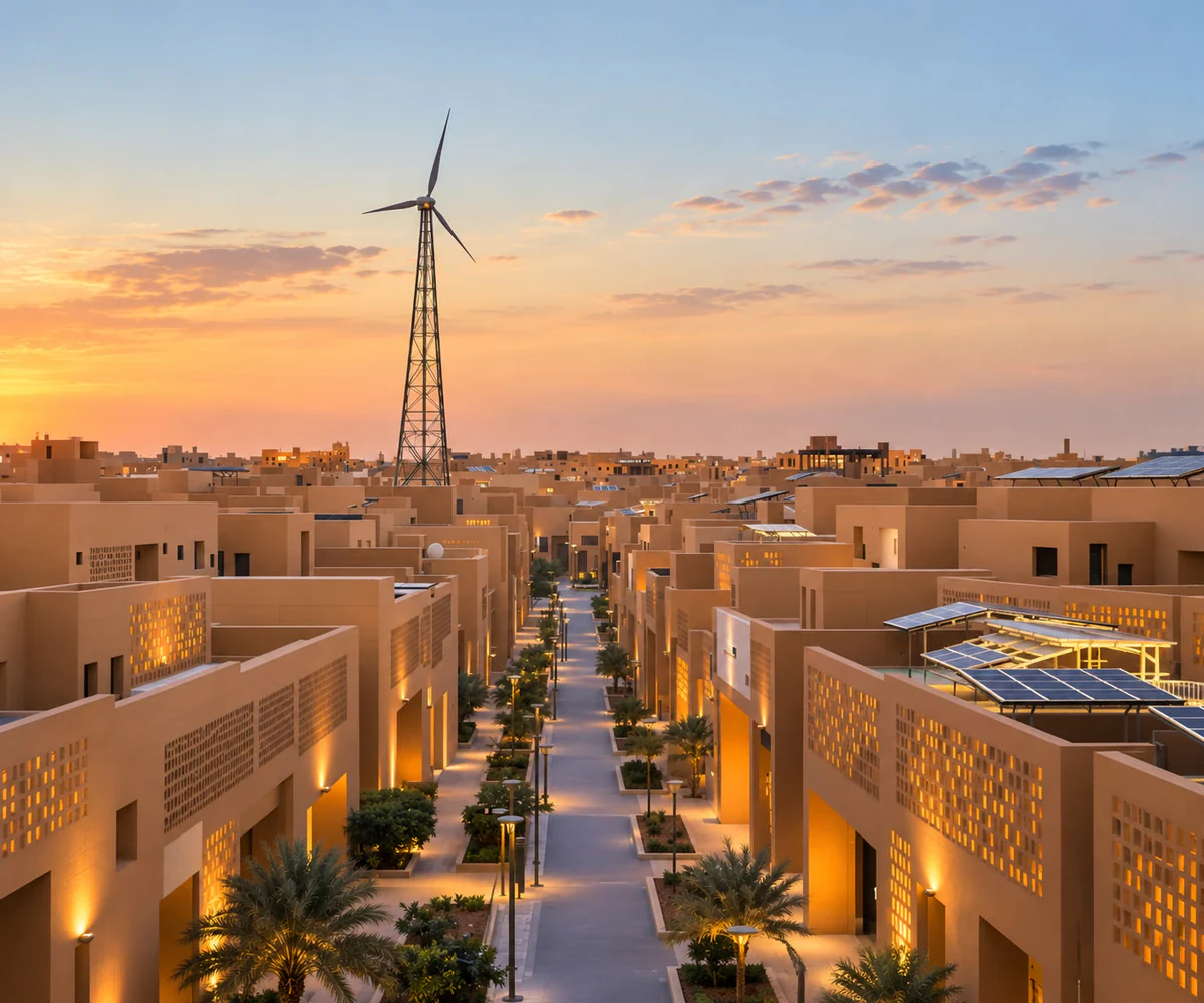 Masdar City Free Zone, Abu Dhabi: low-carbon buildings with solar panels and a wind turbine at sunset