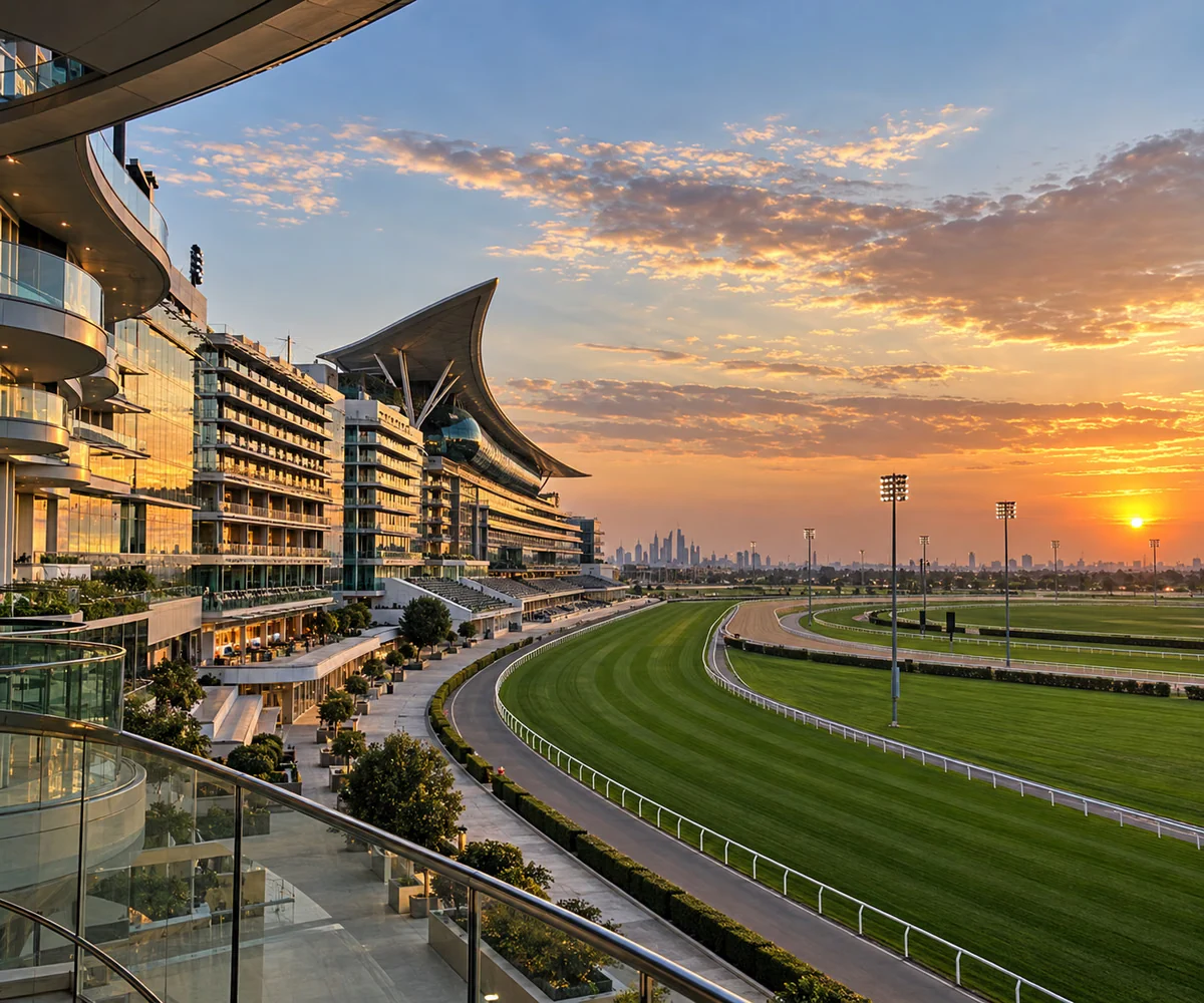 Meydan Free Zone, Dubai: The Meydan grandstand and racecourse at sunset with the Dubai skyline