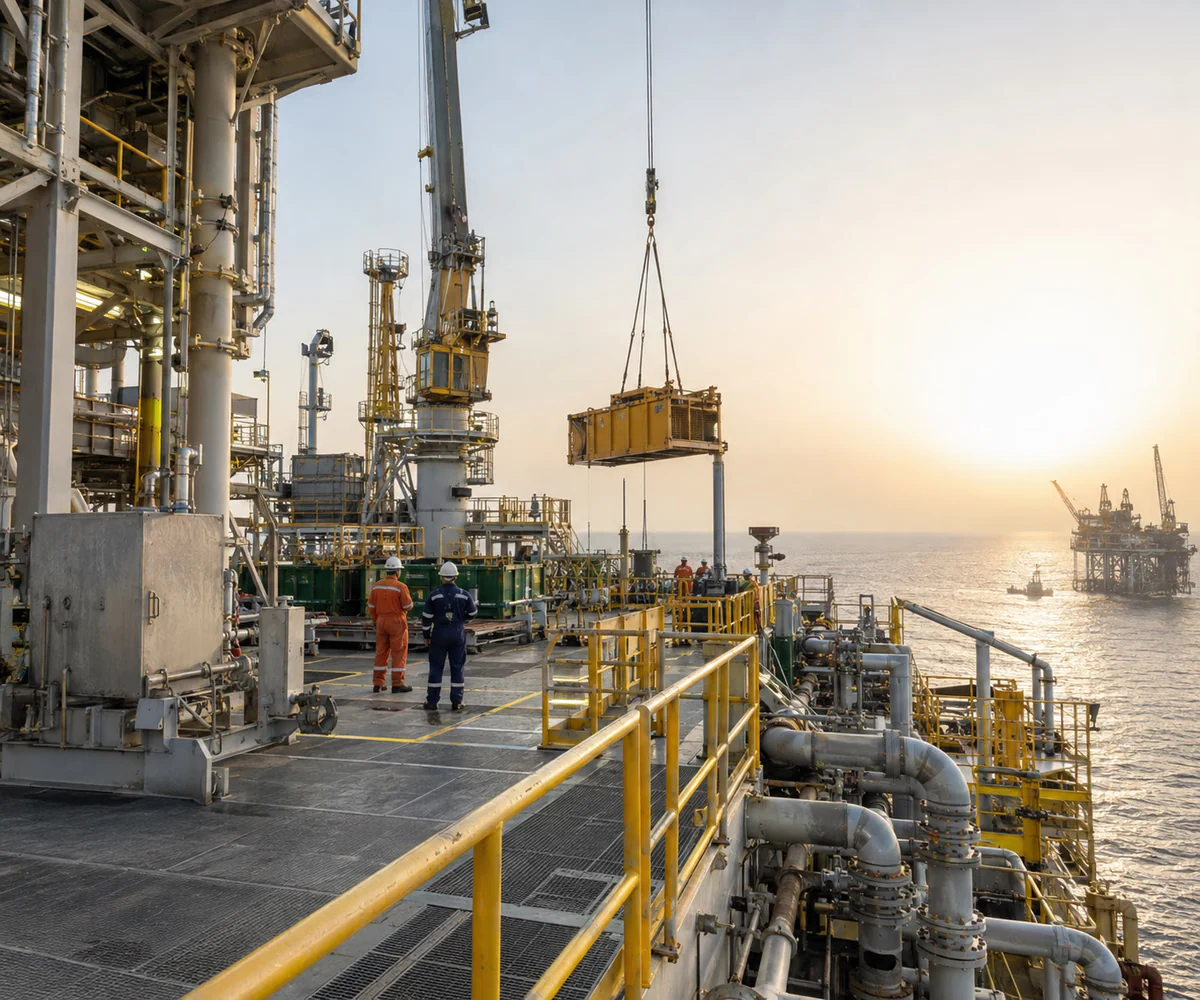 Oil and gas audit and accounting in the UAE: offshore platform with a crane lifting cargo at sunset