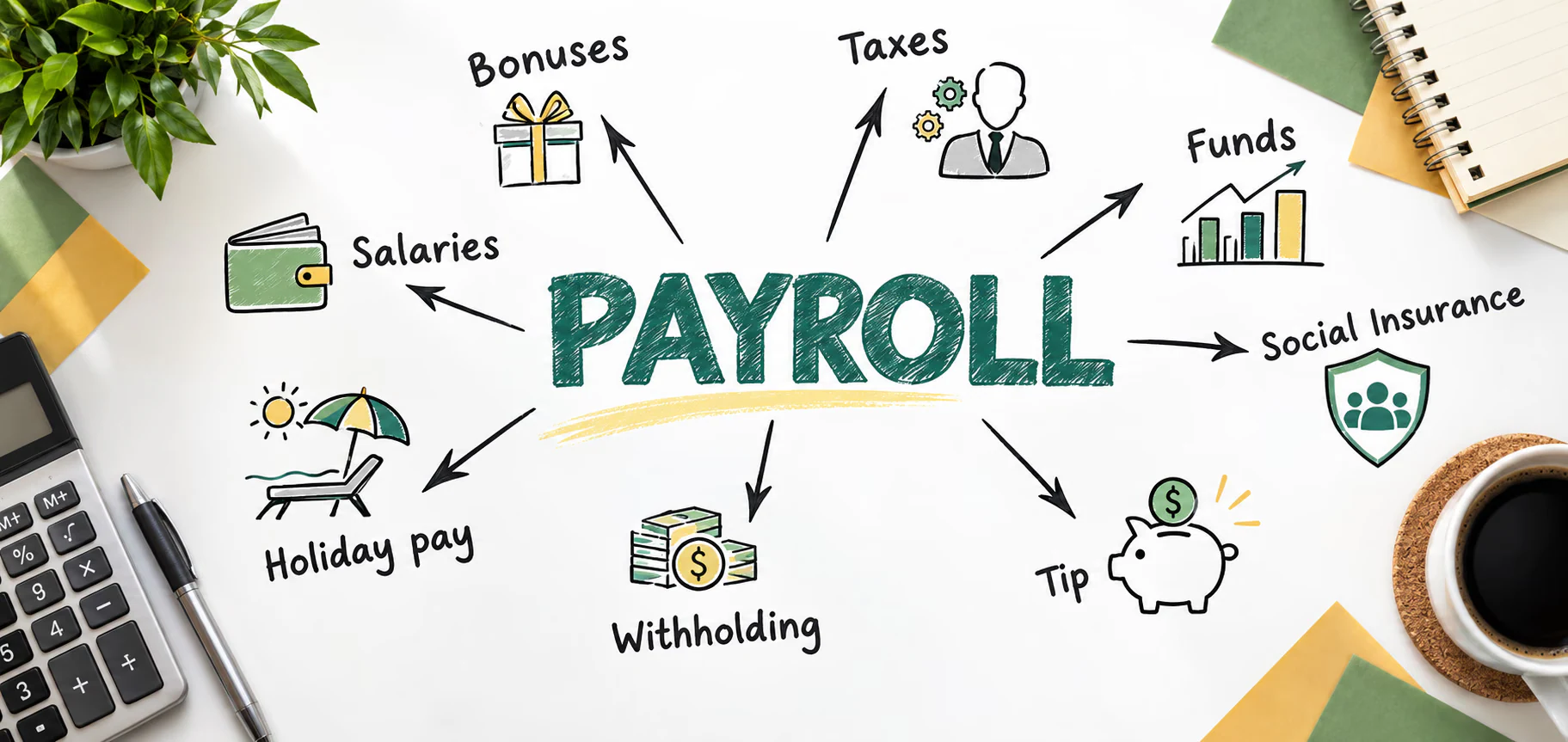 Outsourcing payroll in the UAE: illustration of salaries, bonuses, holiday pay and social insurance