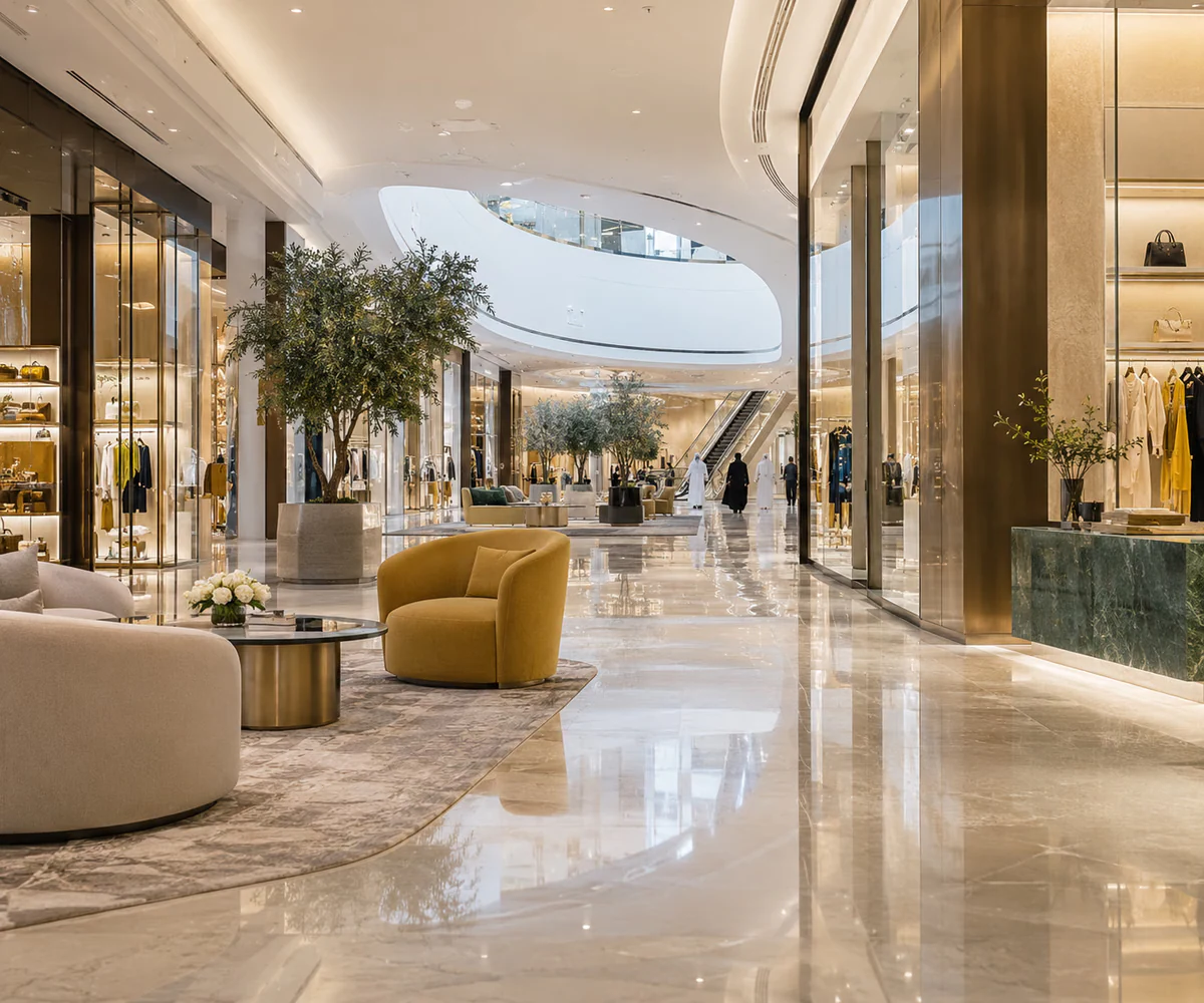 Retail and e-commerce accounting in the UAE: modern shopping mall interior with fashion stores