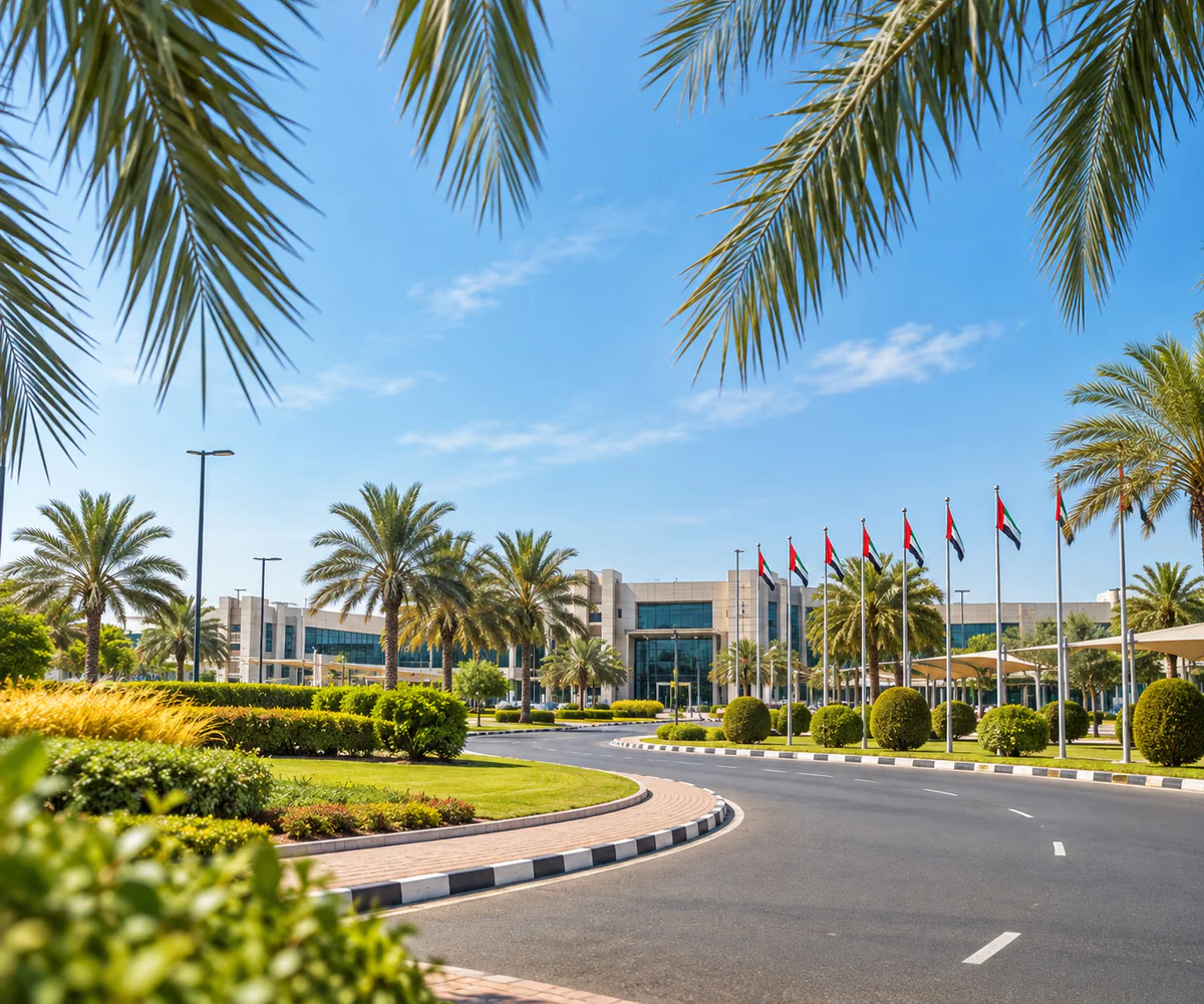 SAIF Zone (Sharjah Airport International Free Zone): palm-lined entrance to a free zone business centre in Sharjah, UAE
