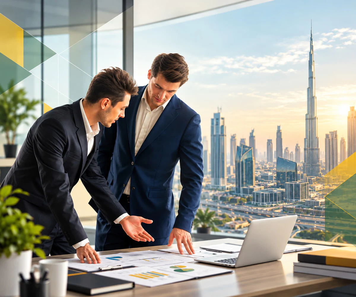 Business setup in Dubai and the UAE: advisers planning a new company setup in a Dubai office overlooking the skyline