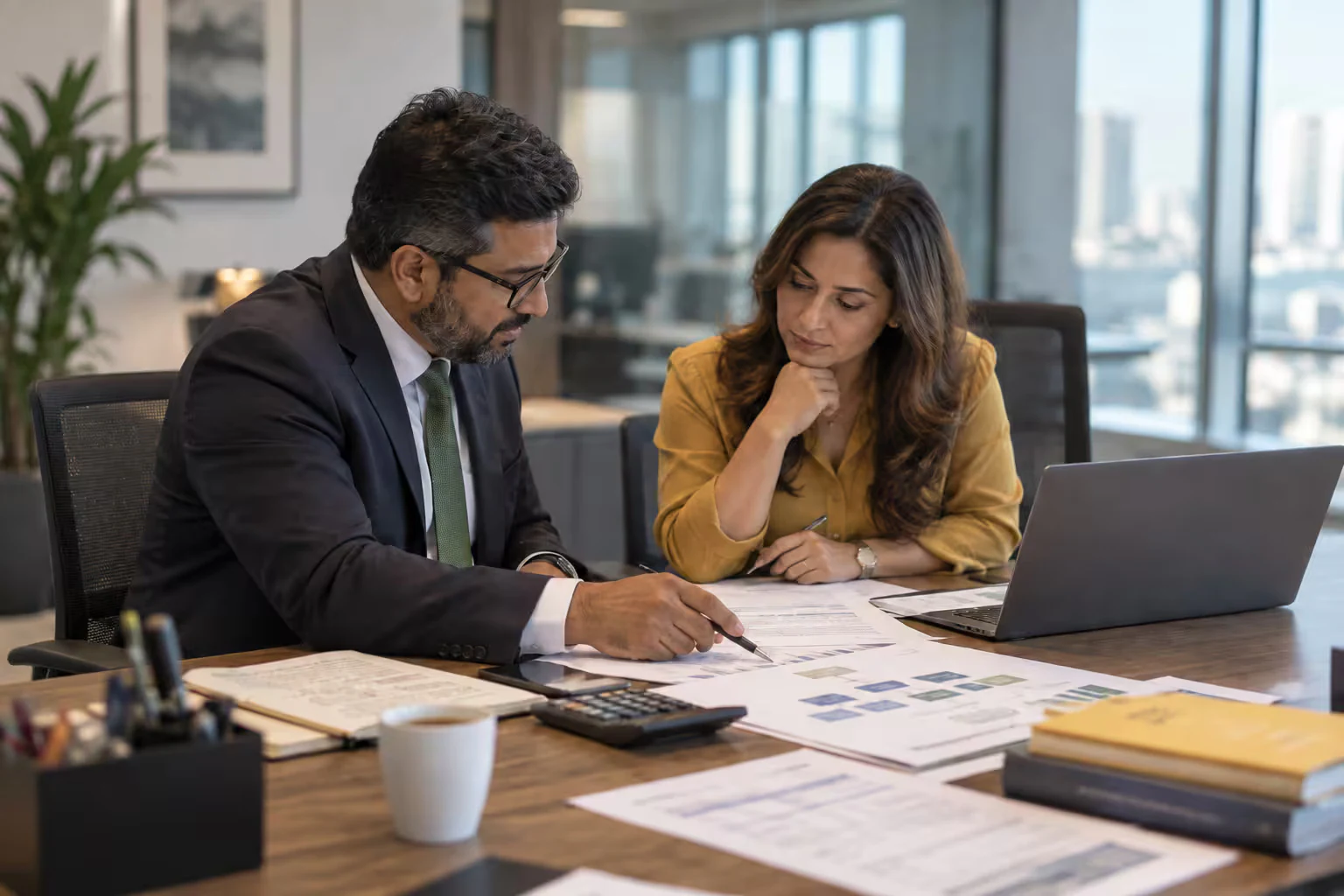 Transfer pricing advisers reviewing intercompany pricing reports in a Dubai office