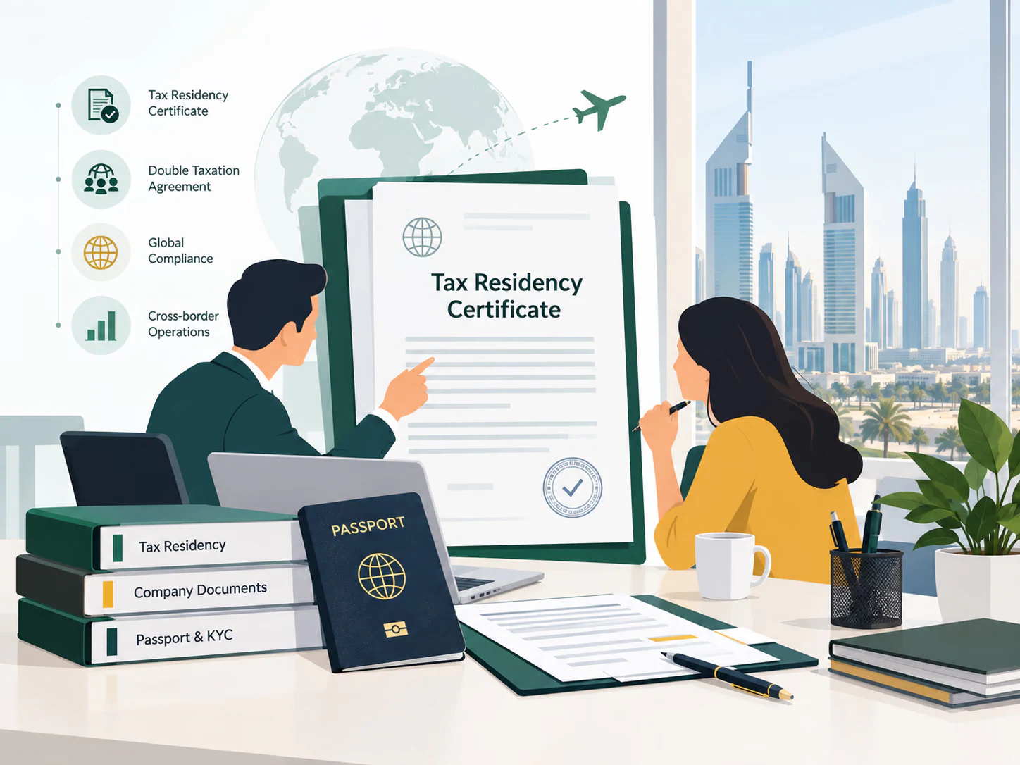 Illustration of a UAE Tax Residency Certificate with passport and company documents