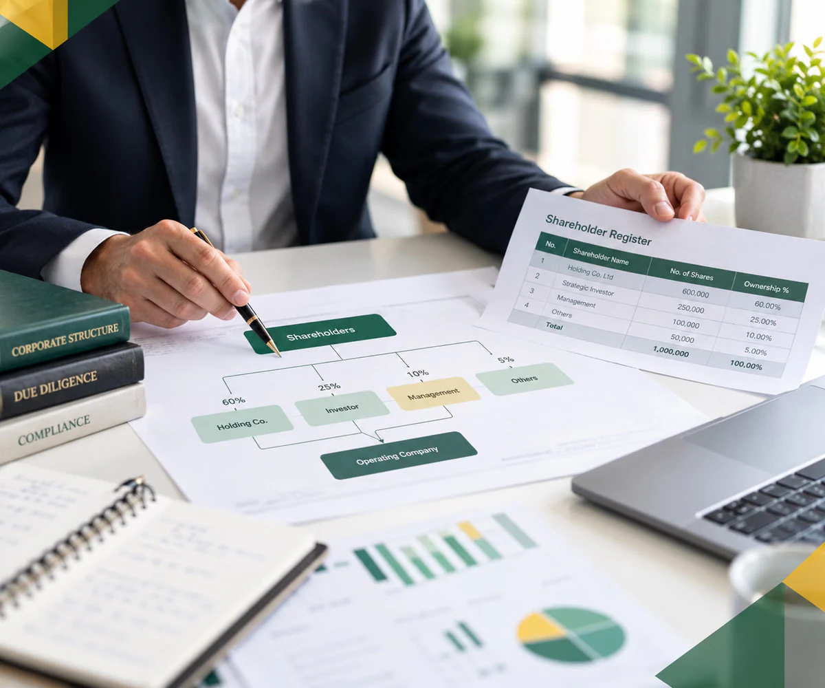 UBO compliance in the UAE: adviser reviewing a group ownership chart and shareholder register