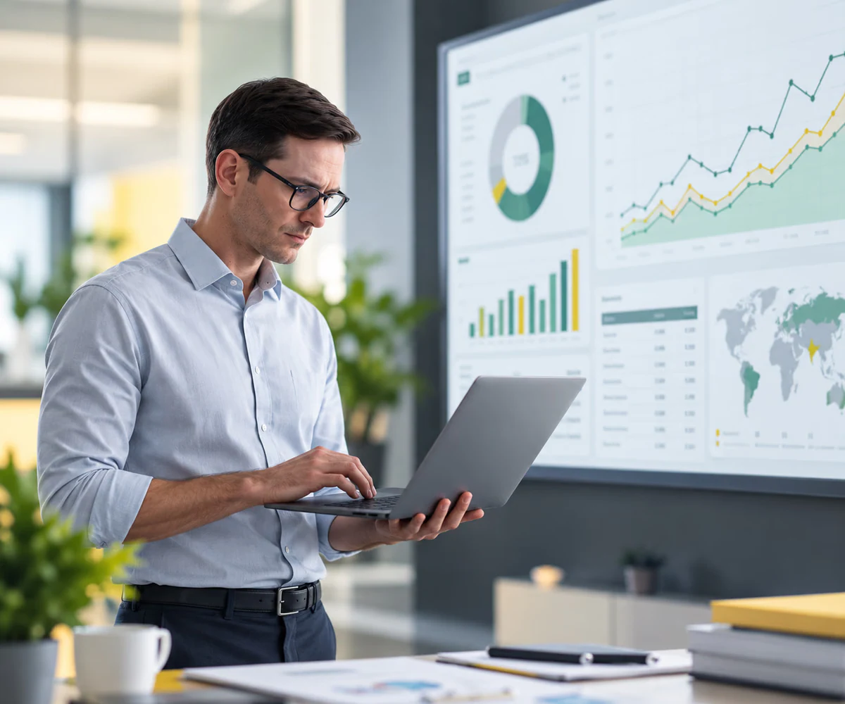 Business valuation in the UAE: analyst reviewing valuation charts and financial data on screen