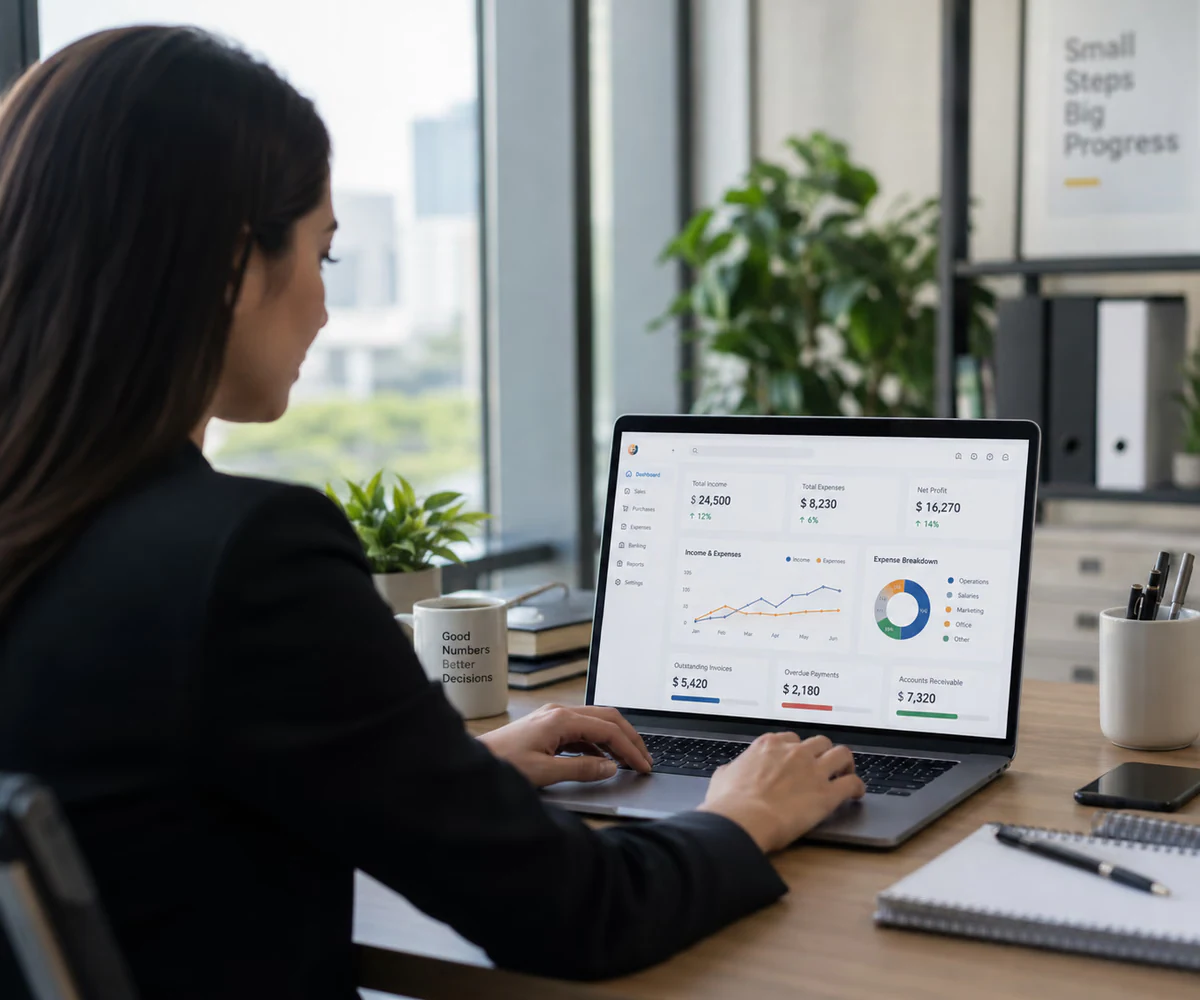 Zoho Books services in the UAE: accountant reviewing a cloud accounting dashboard on a laptop